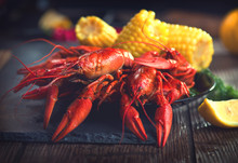 Crayfish. Creole Style Crawfish Boil Serving With Corn And Potato