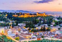 Alhambra Of Granada, Spain. Alhambra Fortress At Twilight.