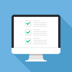 Checkboxes on computer screen. Checkboxes and green checkmarks. Modern concept for web banners, web sites, infographics. Creative flat design vector illustration