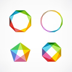 Set of minimal geometric multicolor symbols and shapes. Trendy icons and logotypes. Business signs symbols, labels, badges, frames and borders