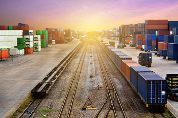 Stacker hold a container box and train freight cargo container.