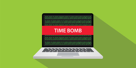time bomb technique concept illustration with laptop comuputer and text banner on screen with flat style and long shadow
