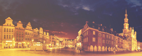 Main square of the old town of Poznan, Poland,Night panorama of old town.Vintage color tone