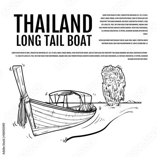 Long tail boat, Thailand Hand Drawn vector Illustration