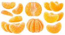 Isolated Citrus Segments. Collection Of Tangerine, Orange And Other Citrus Fruits Peeled Segments Isolated On White Background With Clipping Path