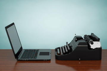 Poster - Modern Laptop Computer with Antique Typewriter. 3d Rendering