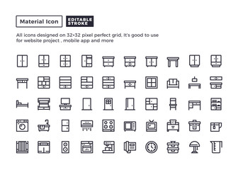 Furniture and Household Icon.Material Outline Icons set for website and mobile app ,Pixel perfect icon, Editable Stroke.