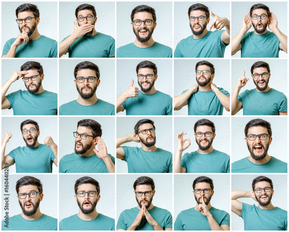 Set of young man's portraits with different emotions - obrazy, fototapety, plakaty 