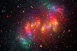 Rainbow galaxy. Abstract red, orange, green and blue square bokeh on black background. Fantasy fractal texture. Digital art. 3D rendering.