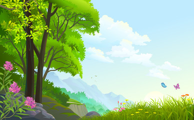 Beautiful forest with grasslands, cliffs and mountains