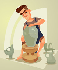 Happy smiling potter character makes clay pot. Vector flat cartoon illustration