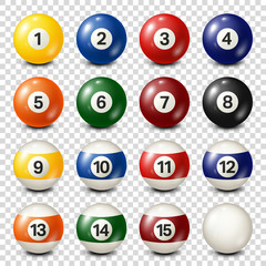 Billiard,pool balls collection. Snooker. Transparent background. Vector illustration.