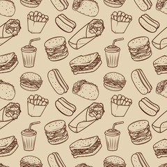 Seamless pattern with fast food illustrations pattern.  Design element for poster, wrapping paper. Vector illustration