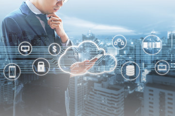 double exposure of businessman connected cloud technology with internet and wireless network with hi