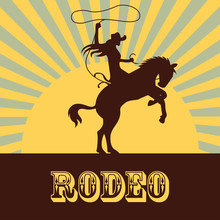 Rodeo Poster With Cowgirl Silhouette Riding On Wild Horse And Bull. Vector Illustration