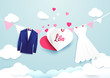 White dress and blue suit with heart sign hanging on cloud sky background