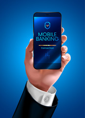 Leinwandbilder - hand of a businessman in a business suit shows the screen of the smart phone or mobile phone. Transfer money through mobile banking on the mobile phone screen. Realistic vector illustration