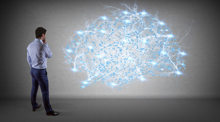 Poster - Businessman using digital brain interface on a wall 3D rendering