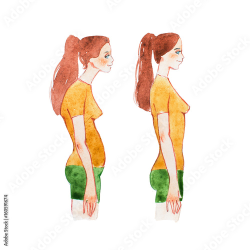 Fotografija Watercolor illustration of people with right and wrong posture