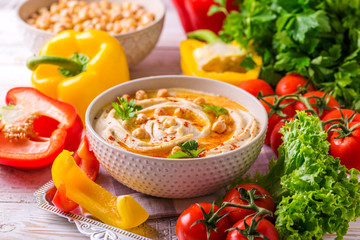 Wall Mural - Hummus and chickpea. Jewish Cuisine. horizontal view