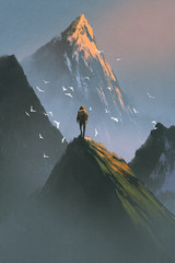 man standing on top of mountain looking at other mountains with digital art style, illustration pain