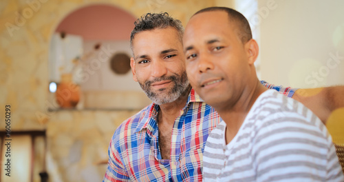 Portrait Happy Gay Couple Homosexual Men At Home Tablou Canvas