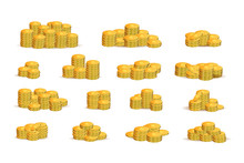 Vector Set Of Isolated Realistic Piles Of Golden Coins On The White Background. Concept Of Money, Gold Market And Treasure.