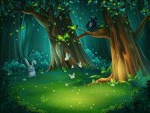 Vector Illustration Of A Forest Glade With Hare And Butterflies