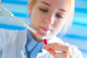 Sticker - Laboratory assistant in the medical laboratory control a microbiological analysis of the blood. Using a pipette and a test tube in the laboratory