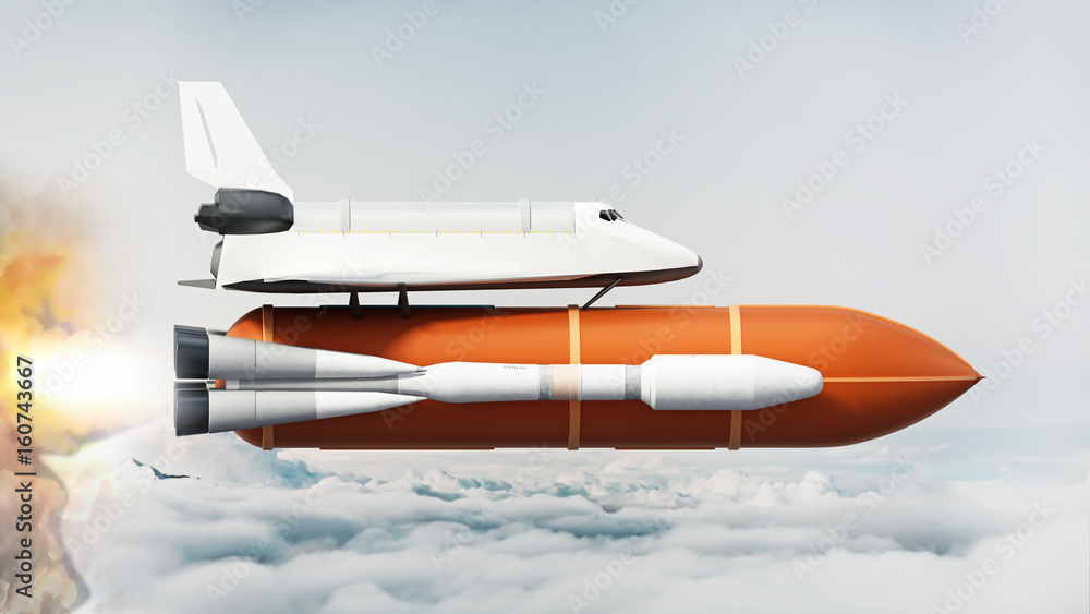 Space shuttle on the rocket moving above the clouds. 3D illustration