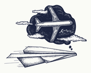 Wall Mural - Dream tattoo and t-shirt design. Paper plane dreams to become the big plane. Symbol imagination, dream, motivation, creative art tattoo. Follow Dreams concept