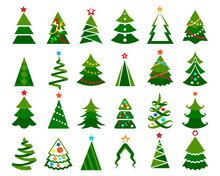Christmas Tree Vector Set. Cartoon Colored Illustration Of Happy Christma Trees With Balls Isolated On White Background
