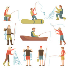 Summer Fishing Sport Vacation Vector Flat Icons. Fishermen With Fish Set