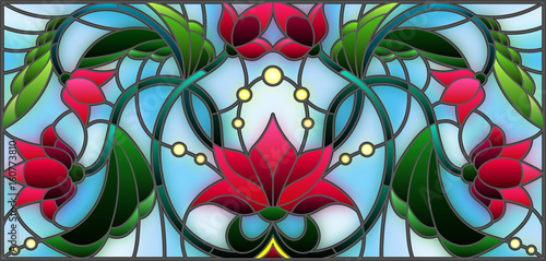 Dekoracja na wymiar  ilustracja-w-stylu-witrazu-z-abstrakcyjnymi-rozowymi-kwiatami-na-niebieskim-tle