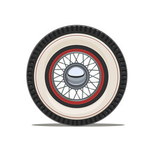 Vintage Car Wheel With Spoke, Isolated White Background. Vector