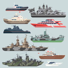 Wall Mural - Passenger ships and battleships. Submarine destroyer in the sea. Water boats vector illustrations in flat style
