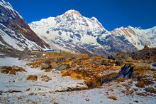 Mountain Landscape In Himalaya. Annapurna South Peak And Mountain Stream. Nepal, Annapurna Base Camp Track.