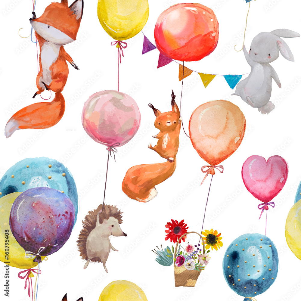 Photo seamless pattern with animals with balloons