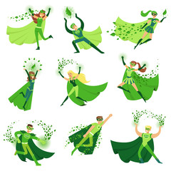 Canvas Print - ECO superhero characters in action set, young men and women in green capes vector Illustrations