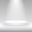 © cheremuha - Round white stage podium illuminated with light. Stage vector backdrop. Festive podium scene for award ceremony on white, grey background. Vector white pedestal for product presentation.