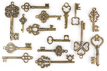 Wall Mural - Vintage Gold Keys Collection Isolated On White Background