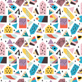 Seamless pattern with scandinavian style figures, cute houses and triangles