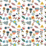 Seamless pattern with scandinavian style figures, cute flowers and leaves.