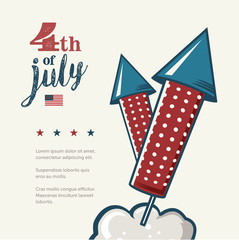 4th of July poster. Grunge retro metal sign with fireworks. Independence day. Celebration flyer. Vintage mockup. Old fashioned design.