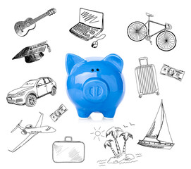 Sticker - Blue ceramic piggy bank on white background