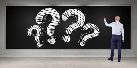Poster - Businessman drawing a question mark sketch on a board 3D rendering