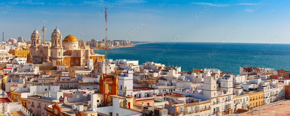 Aerial panoramic view of the old city rooftops and Cathedral de Santa Cruz in the morning from tower Tavira in Cadiz, Andalusia, Spain - obrazy, fototapety, plakaty 