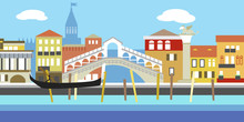 Vector Illustration Of Venice Cityscape In Simple Style. Traditional Italian Landscape. Houses In The Old European Style. River Channel And Boat.