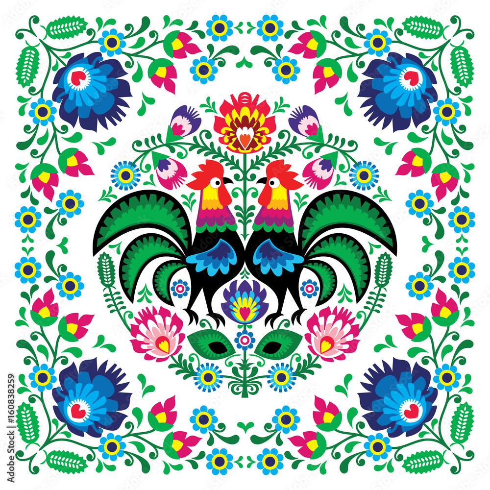 Polish floral folk art square pattern with rooster - wzory lowickie, wycinanki - obrazy, fototapety, plakaty 