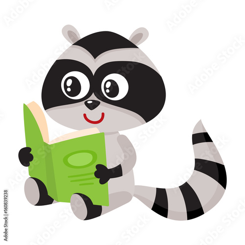 Cute little raccoon student character reading an interesting book Cute little raccoon student character reading an interesting book